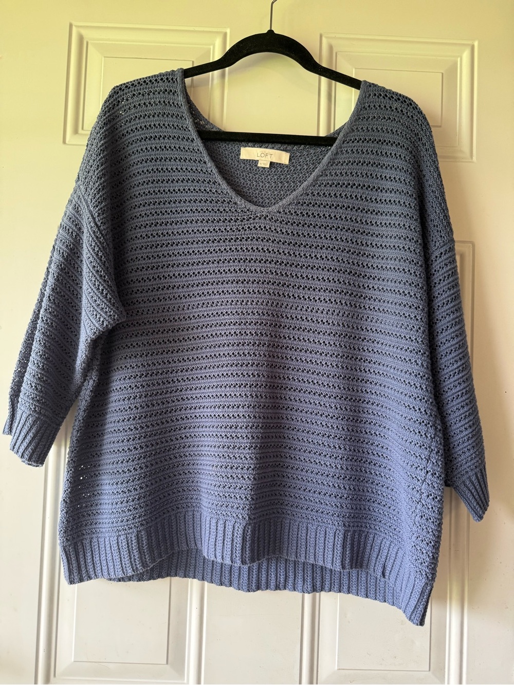 LOFT V-Neck Open Knit Crochet Sweater in Dusty Blue